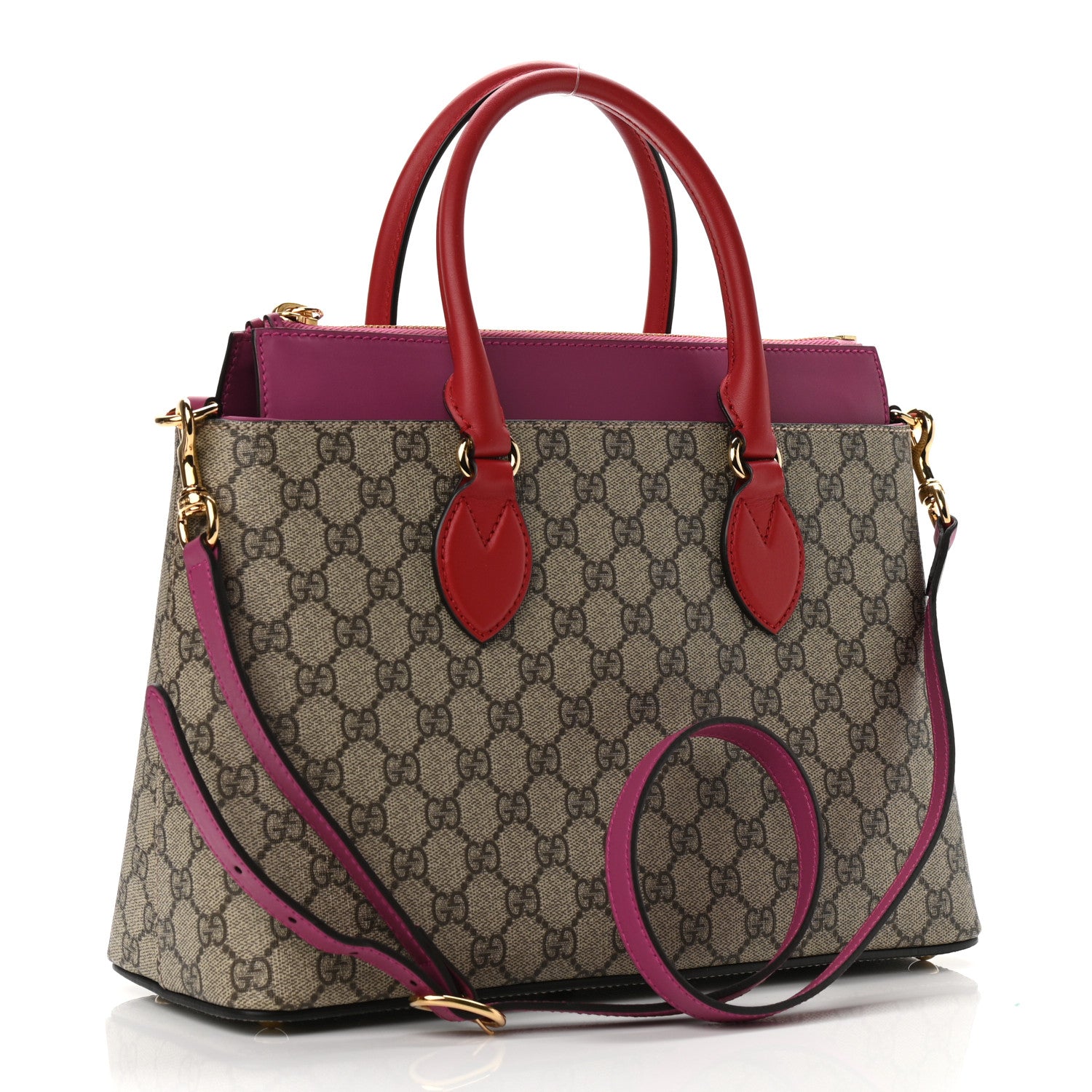 Gucci GG Supreme Monogram Moon Calfskin Small Zip Top Tote Beige Ebony Hibiscus Red New Rosette 3 of 15