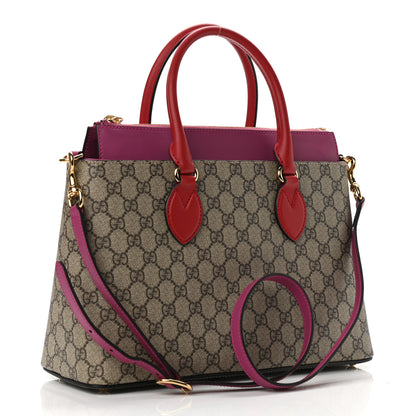 Gucci GG Supreme Monogram Moon Calfskin Small Zip Top Tote Beige Ebony Hibiscus Red New Rosette 3 of 15