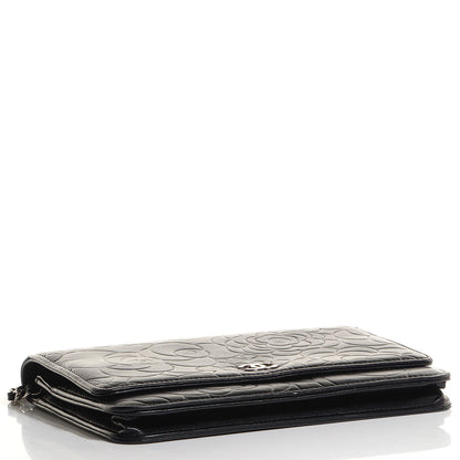 Chanel Lambskin Camellia Embossed Wallet on Chain WOC Black 4 of 7