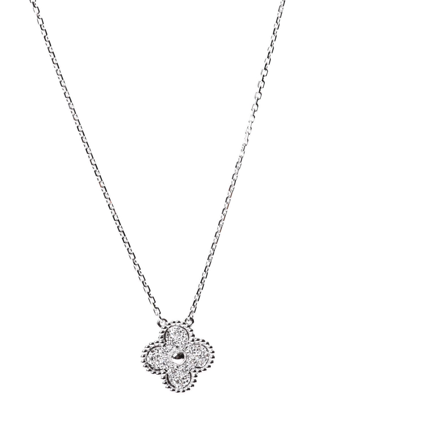 18K White Gold Diamond Vintage Alhambra Pendant Necklace