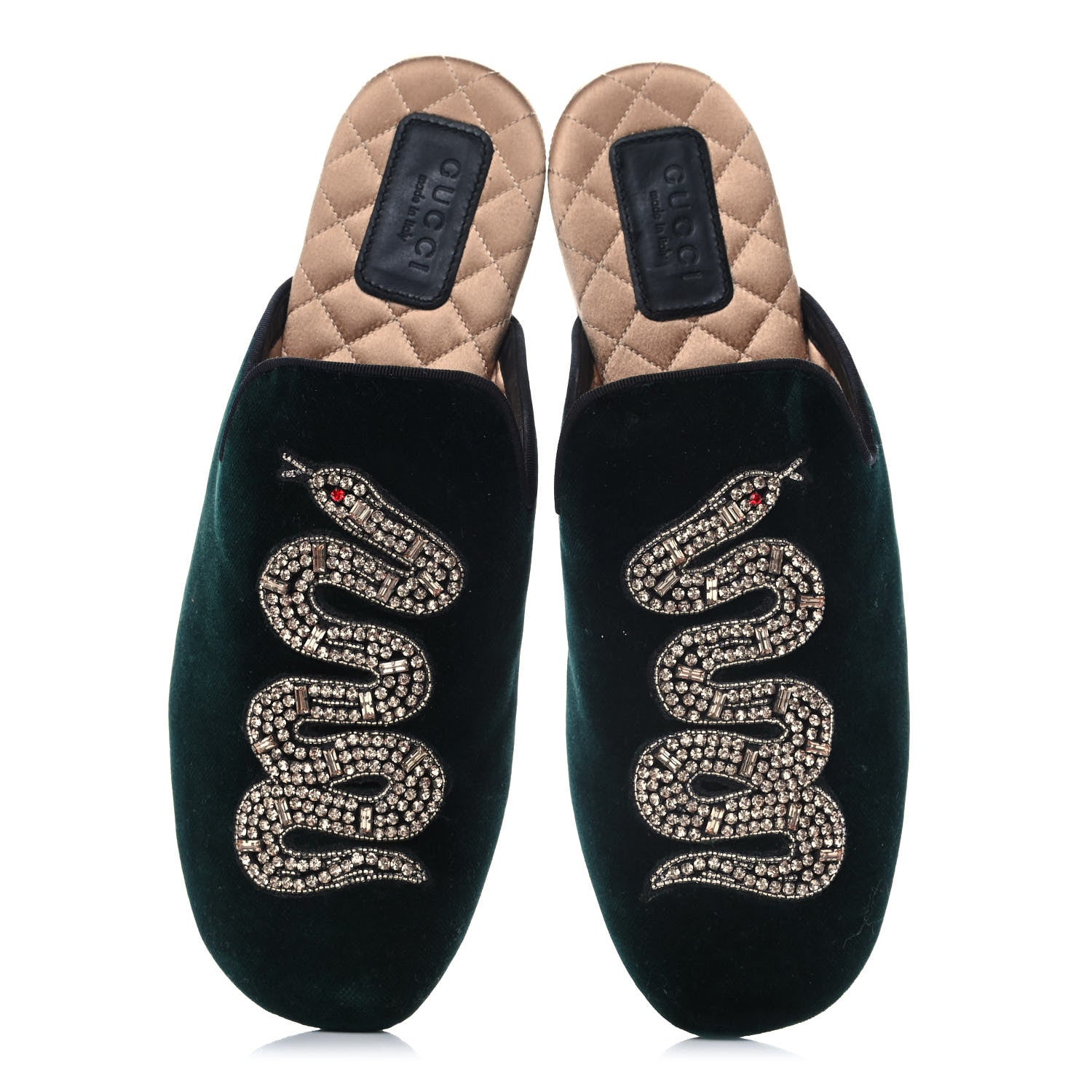 Gucci Velvet Crystal Snake Embroidered Womens Slippers 38 Dark Green 5 of 12