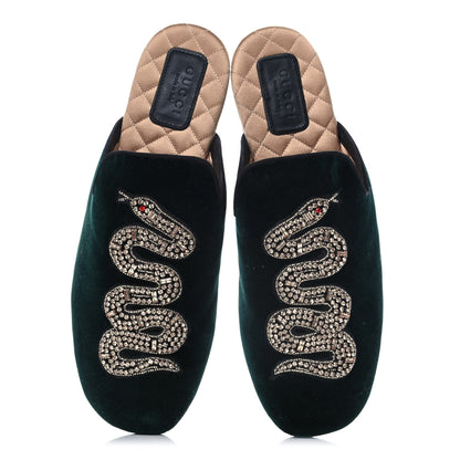 Gucci Velvet Crystal Snake Embroidered Womens Slippers 38 Dark Green 5 of 12