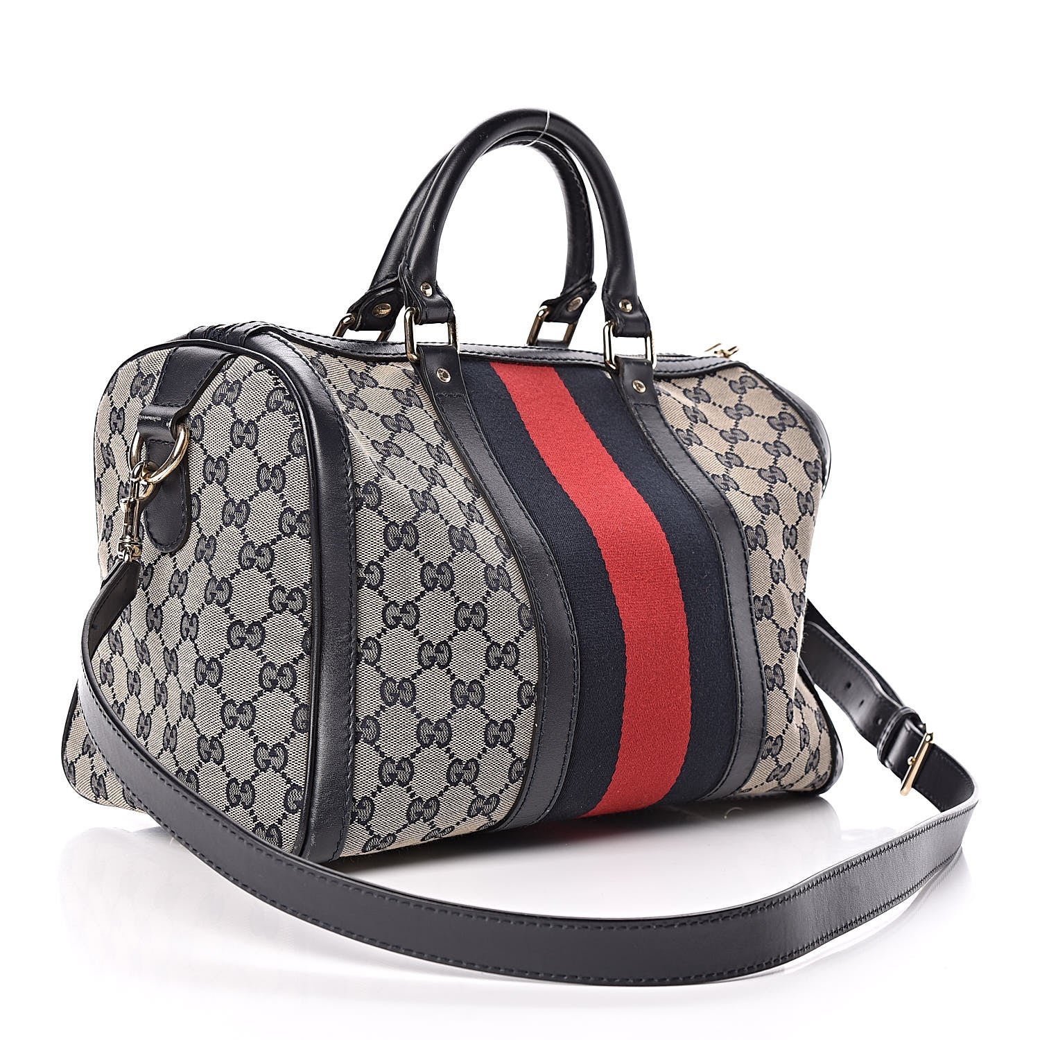 Gucci Monogram Selleria Calfskin Vintage Web Medium Boston Beige Blue 3 of 14