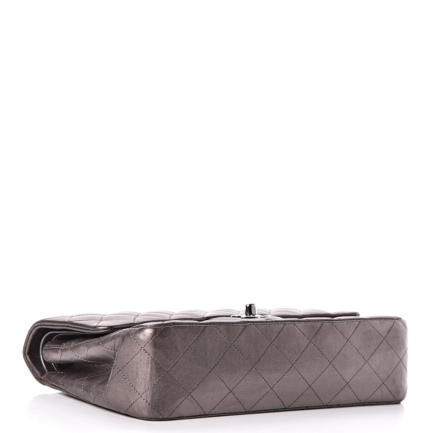 Metallic Lambskin Quilted Medium Double Flap Dark Grey
