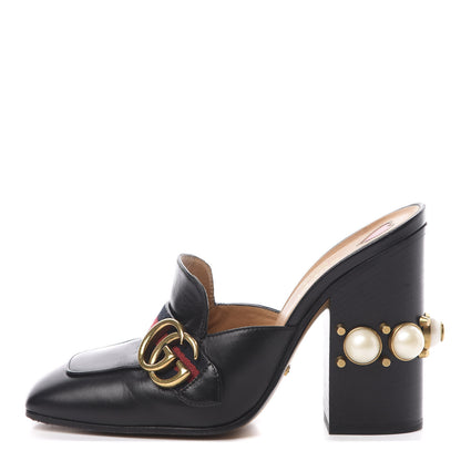 Gucci Malaga Kid Web Pearl Embellished Peyton High Heel Mules 37.5 Black 1 of 12