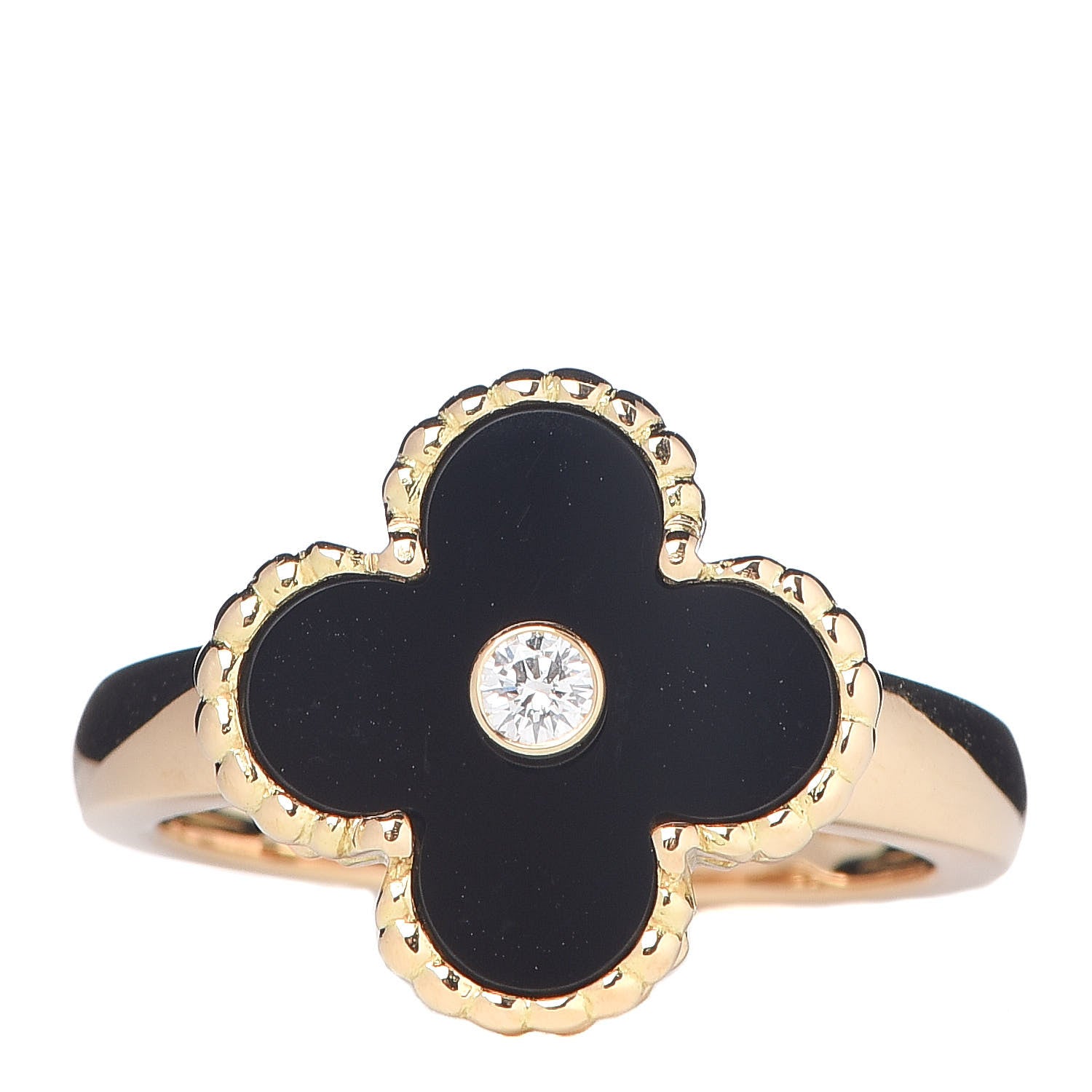 Van Cleef & Arpels 18K Yellow Gold Black Onyx Diamond Vintage Alhambra Ring 54 6.75 1 of 5