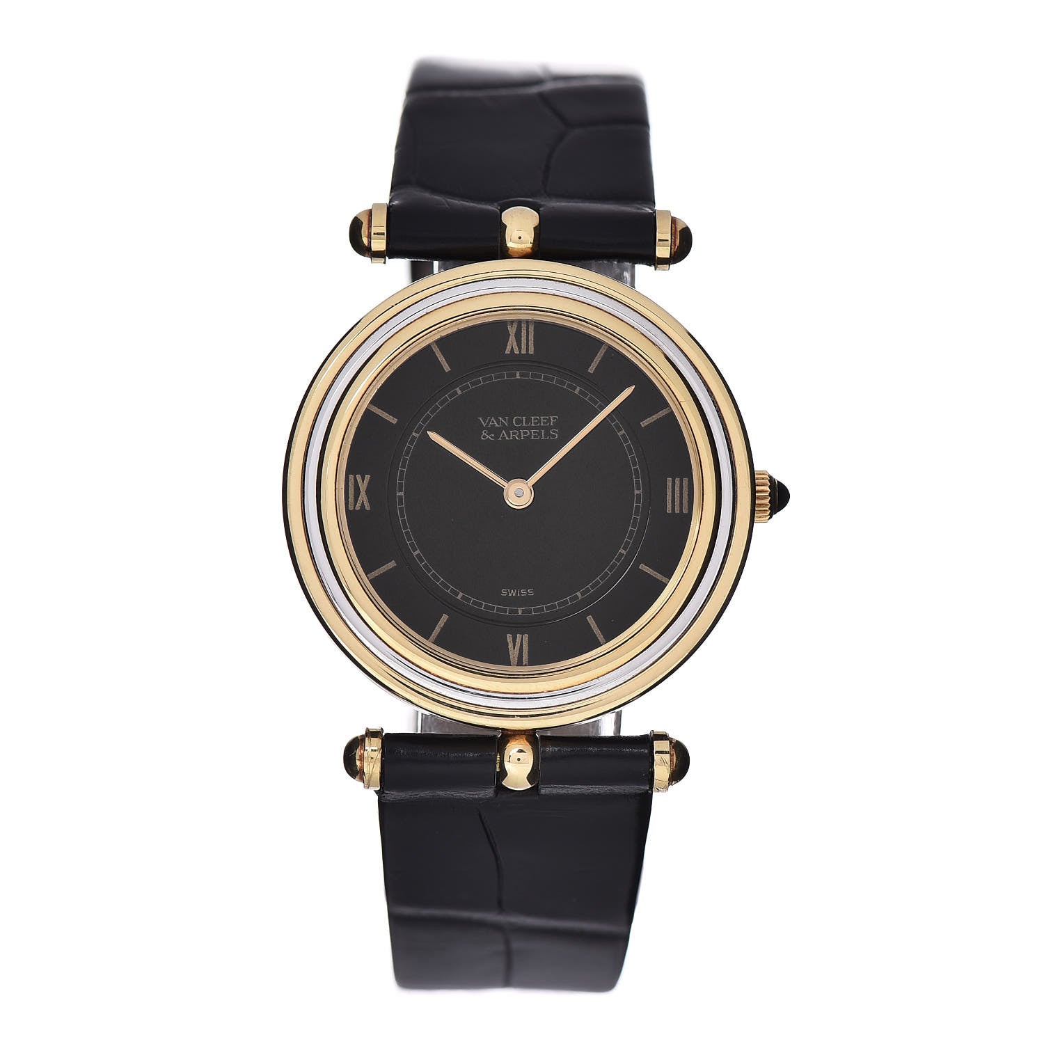 Van Cleef & Arpels 18K White Yellow Gold Alligator 30mm Manual Winding Watch Black 1 of 6