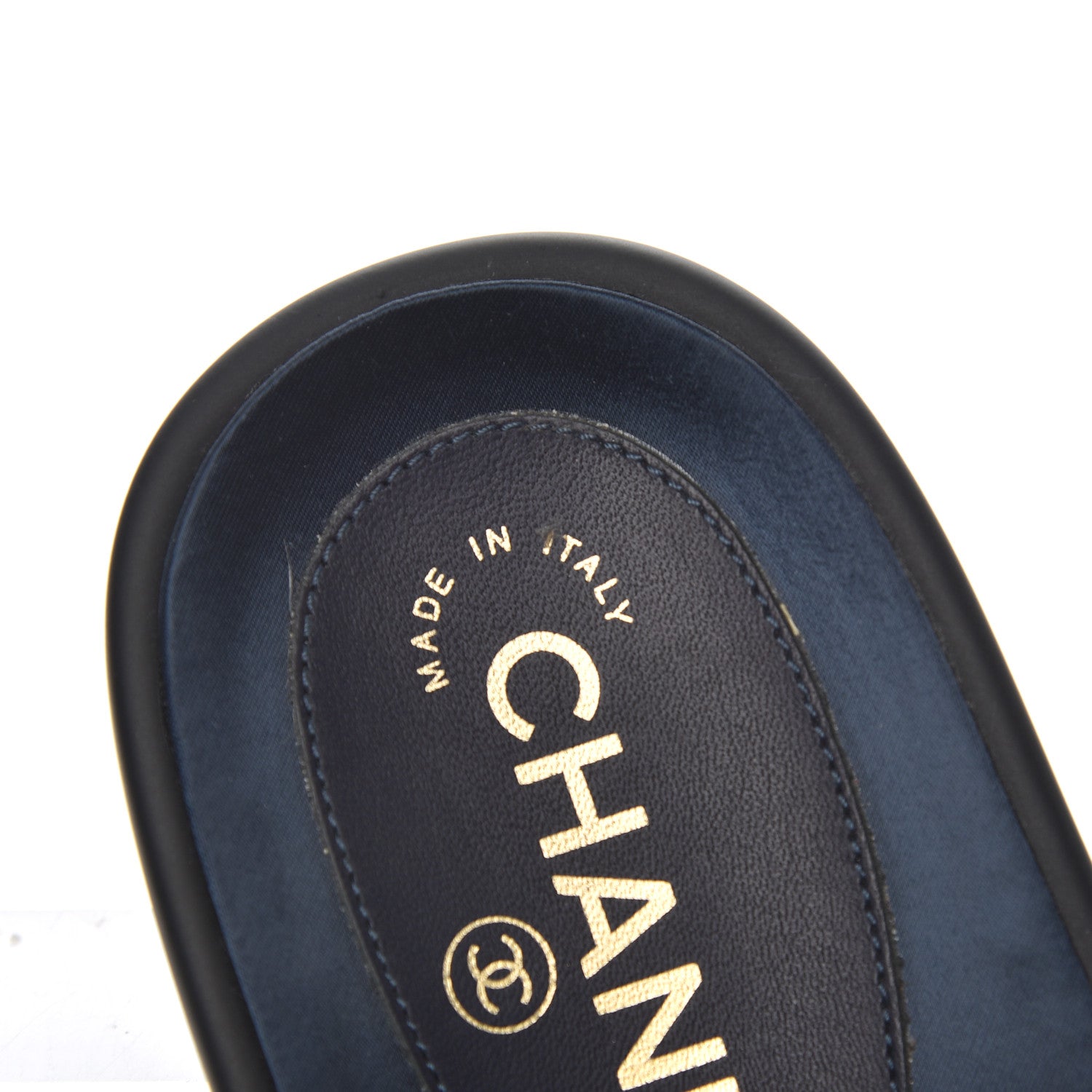 Chanel Satin Canvas Chain Slides Sandals Flats 38 Marine 9 of 13