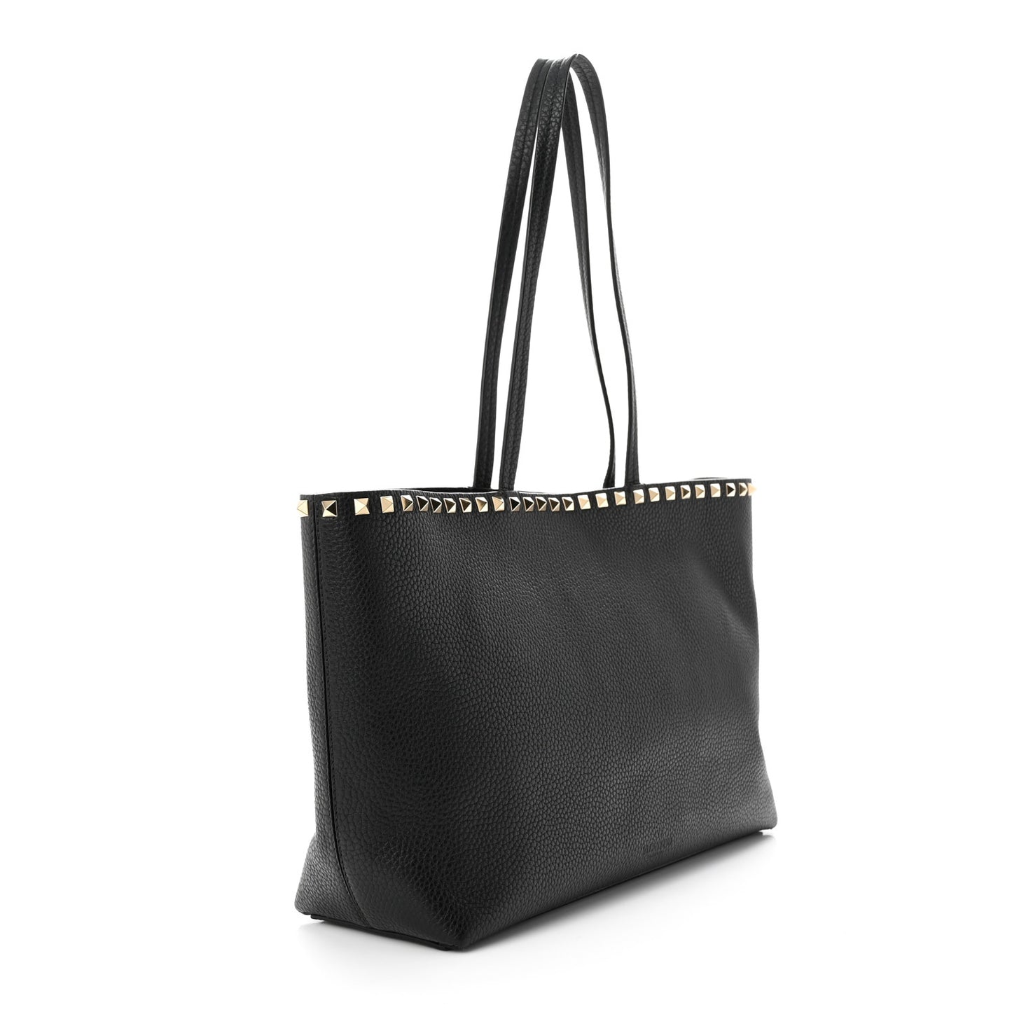 Grained Calfskin Small Rockstud Shoulder Tote Black