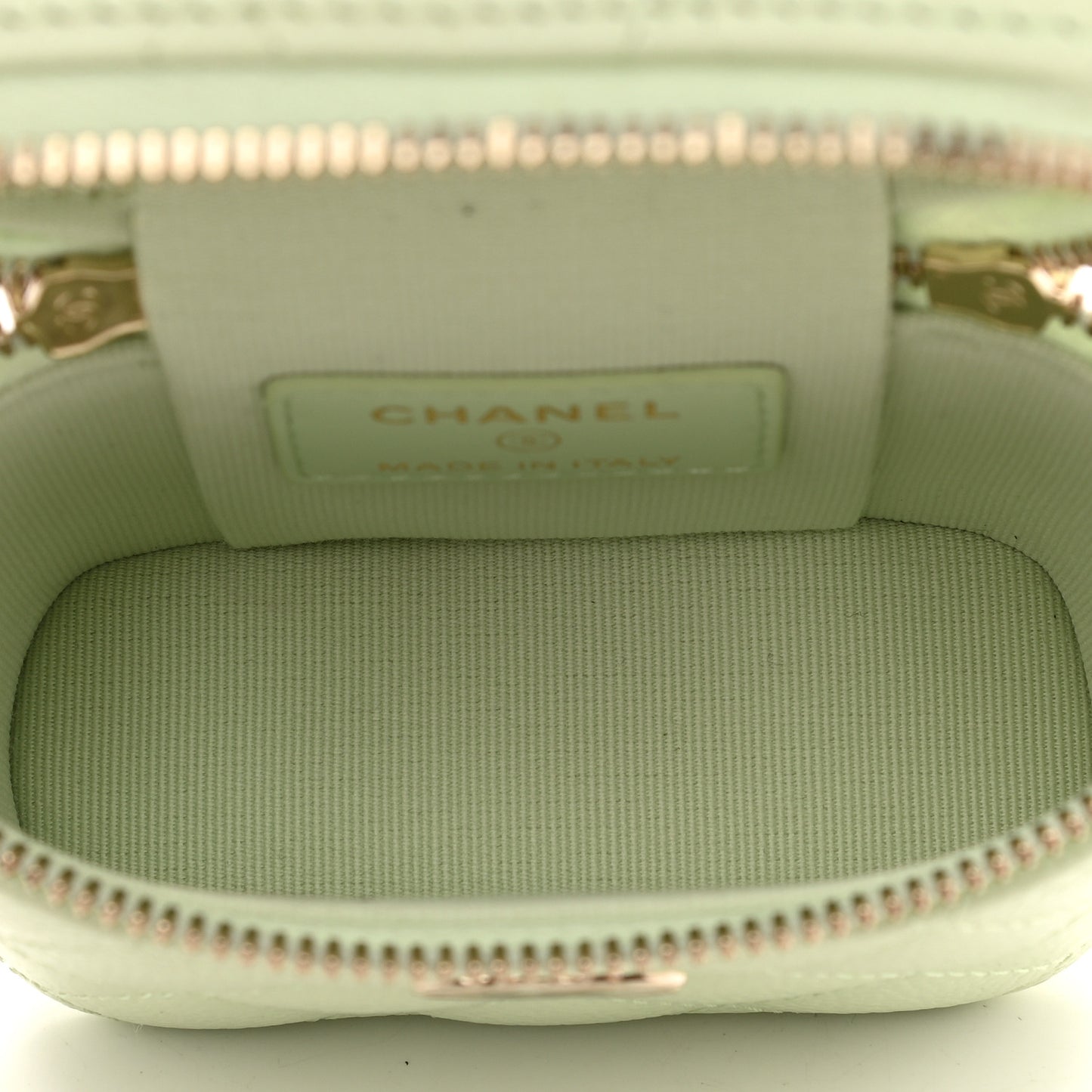 Caviar Quilted Small Handle With Care Vanity Case With Chain Light Green