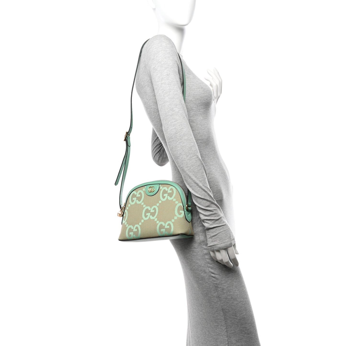Monogram Jumbo GG Textured Dollar Calfskin Small Ophidia Dome Shoulder Bag Beige Pepperlight Mint