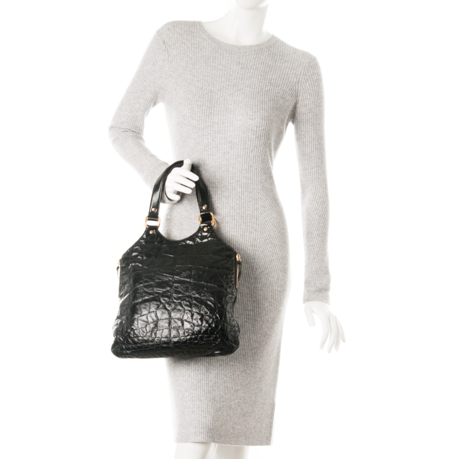 Saint Laurent Patent Crocodile Embossed Tribute Tote Black 2 of 8