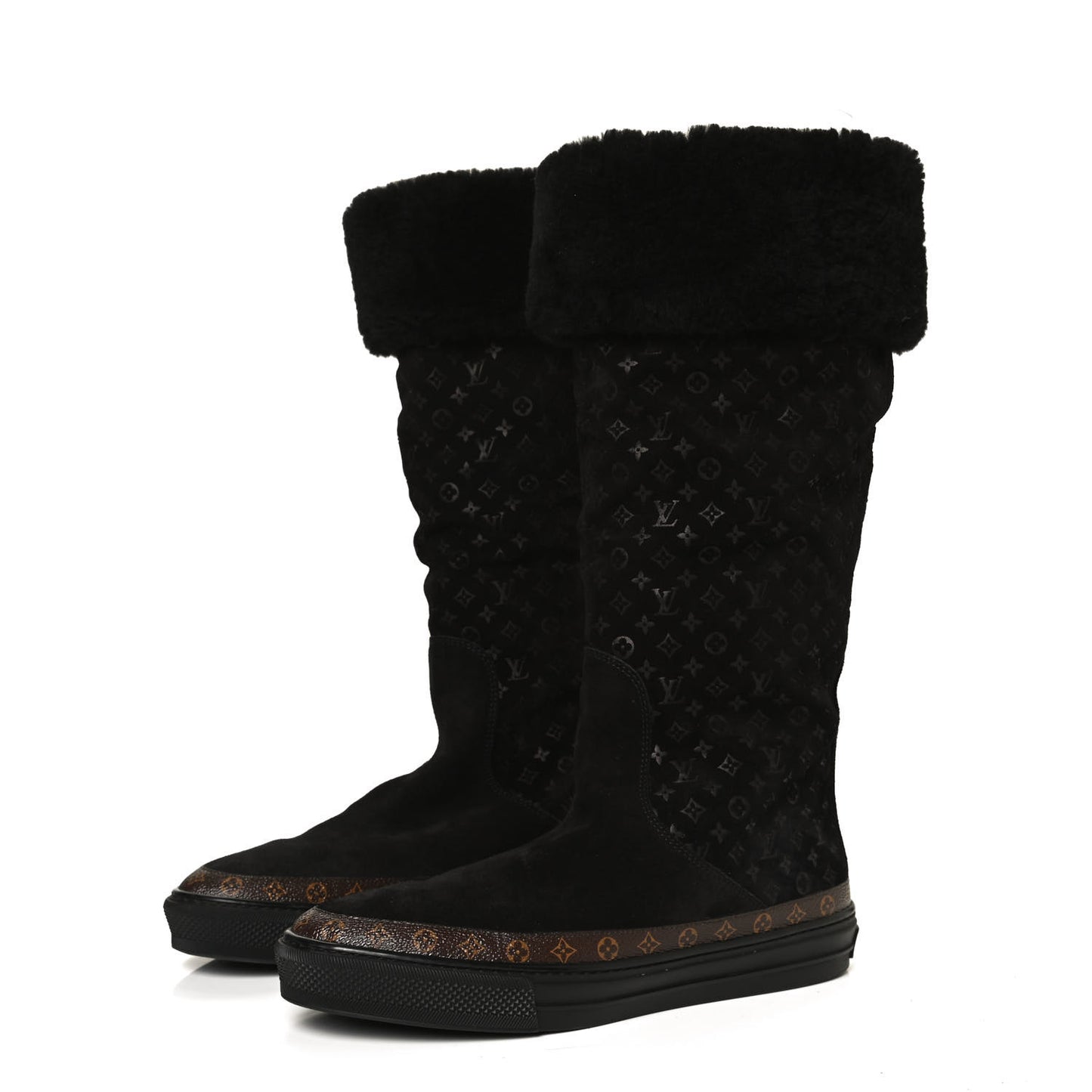 Suede Calfskin Monogram Embossed Snowball Flat Half Boots 39.5 Black