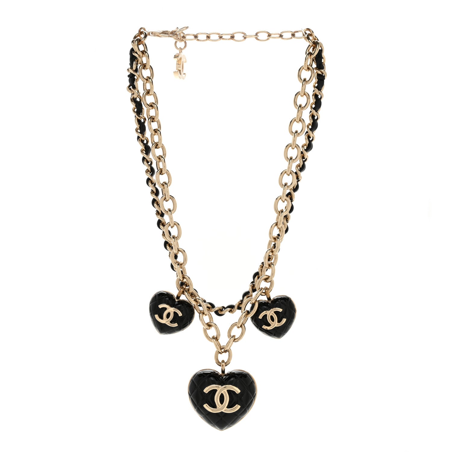 Chanel Metal Lambskin Resin Quilted CC Heart Necklace Black Gold 3 of 5