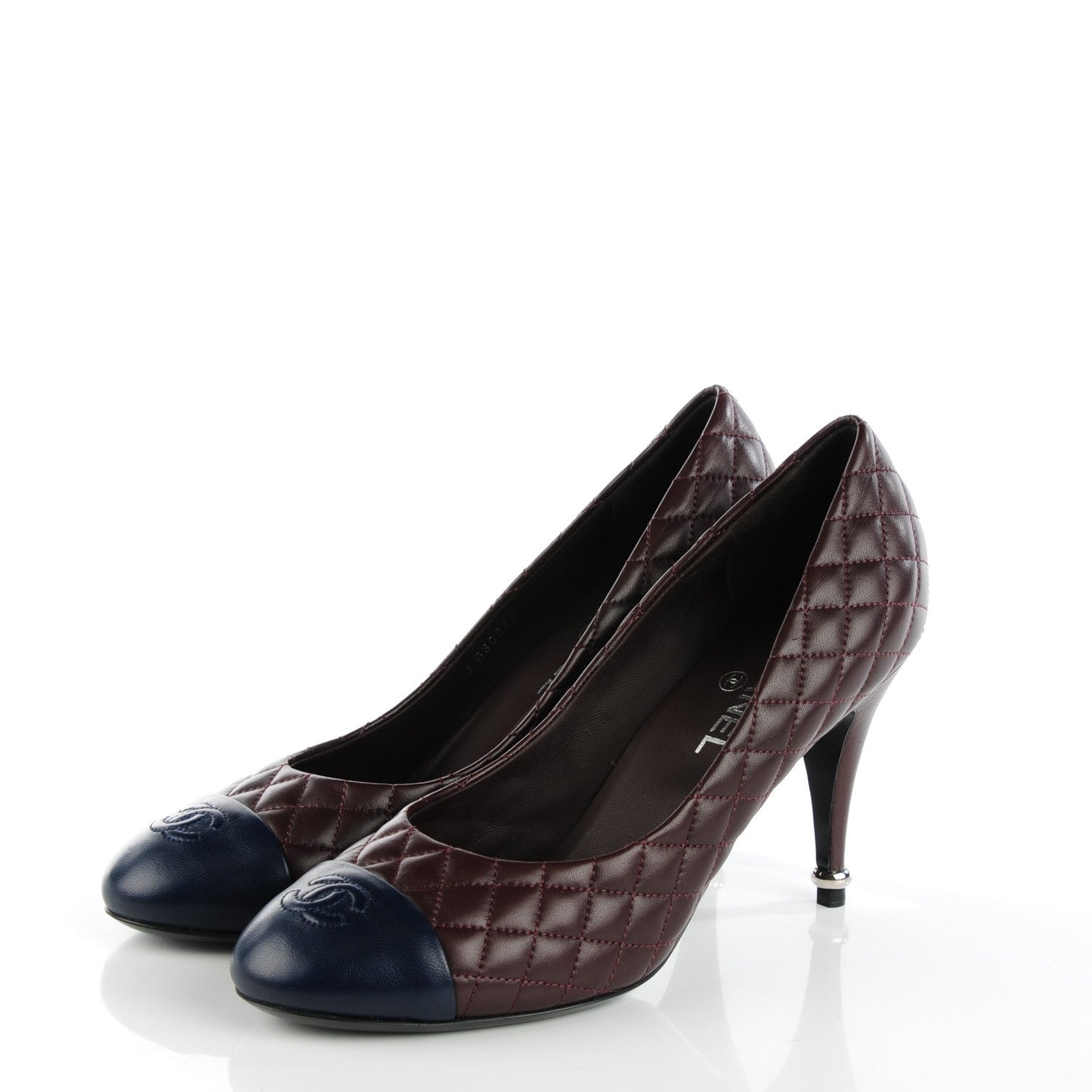 Chanel Lambskin Quilted Cap Toe Pumps 42 Burgundy Navy 3 of 8