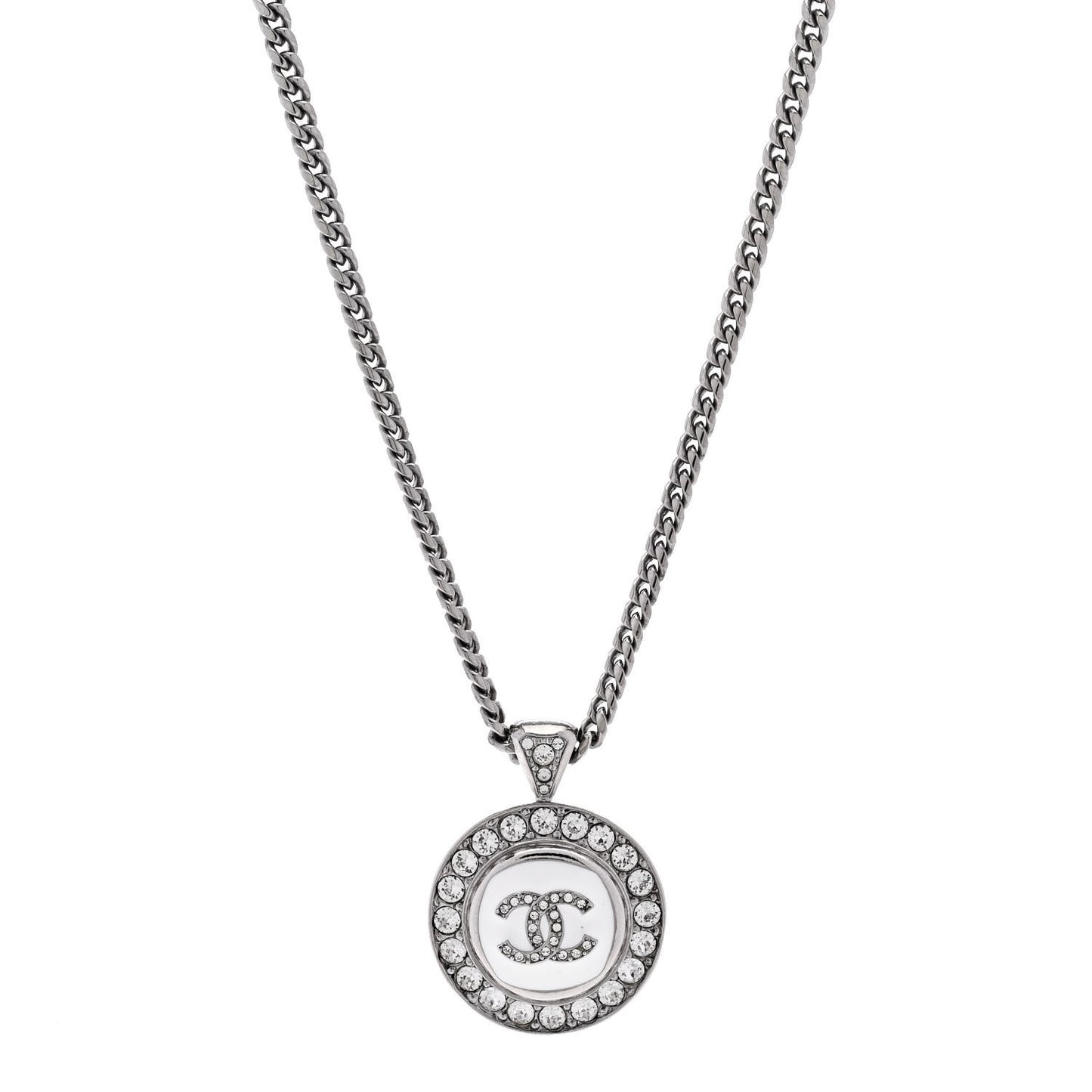 Crystal Enamel CC Pendant Necklace Silver White