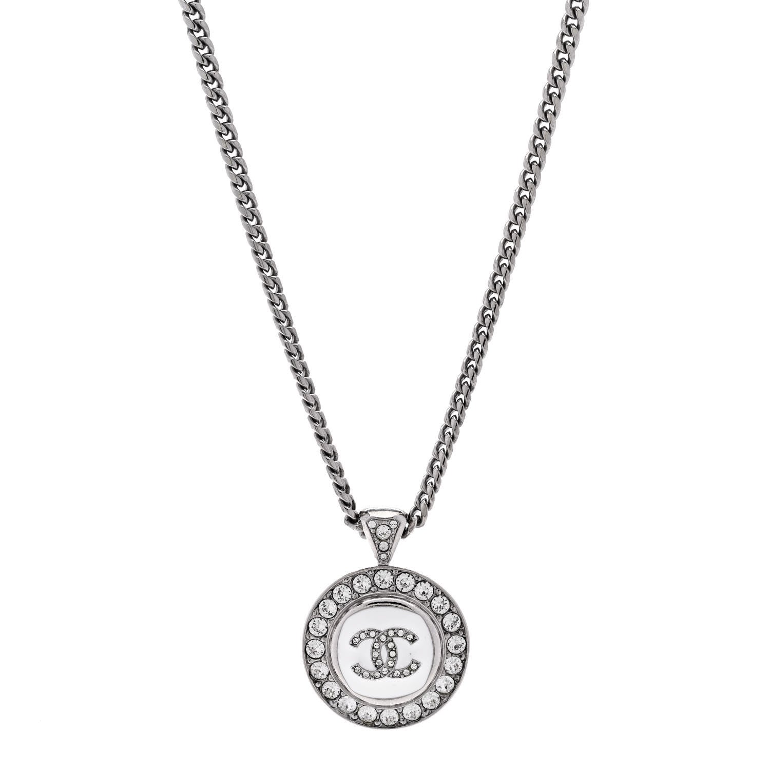 Chanel Crystal Enamel CC Pendant Necklace Silver White 1 of 6