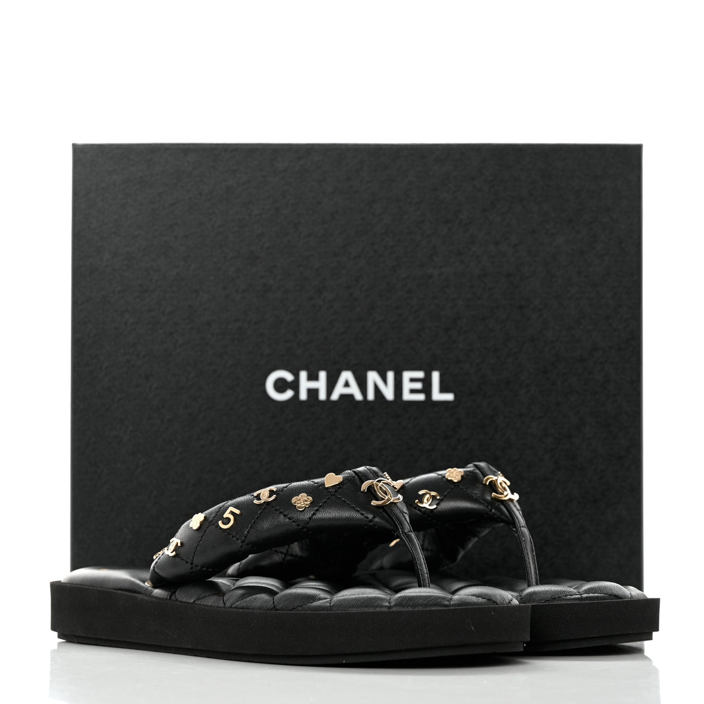 Lambskin Quilted Padded Charms Thong Sandals 38 Black