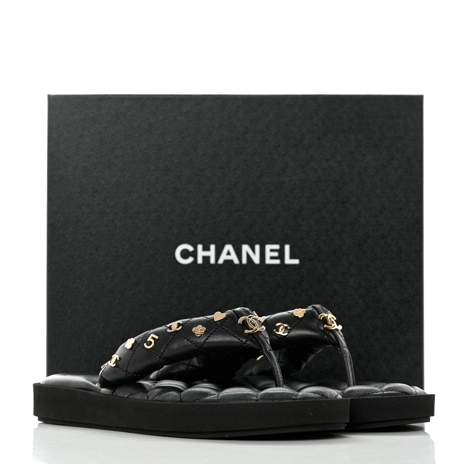 Chanel Lambskin Quilted Padded Charms Thong Sandals 38 Black 10 of 10