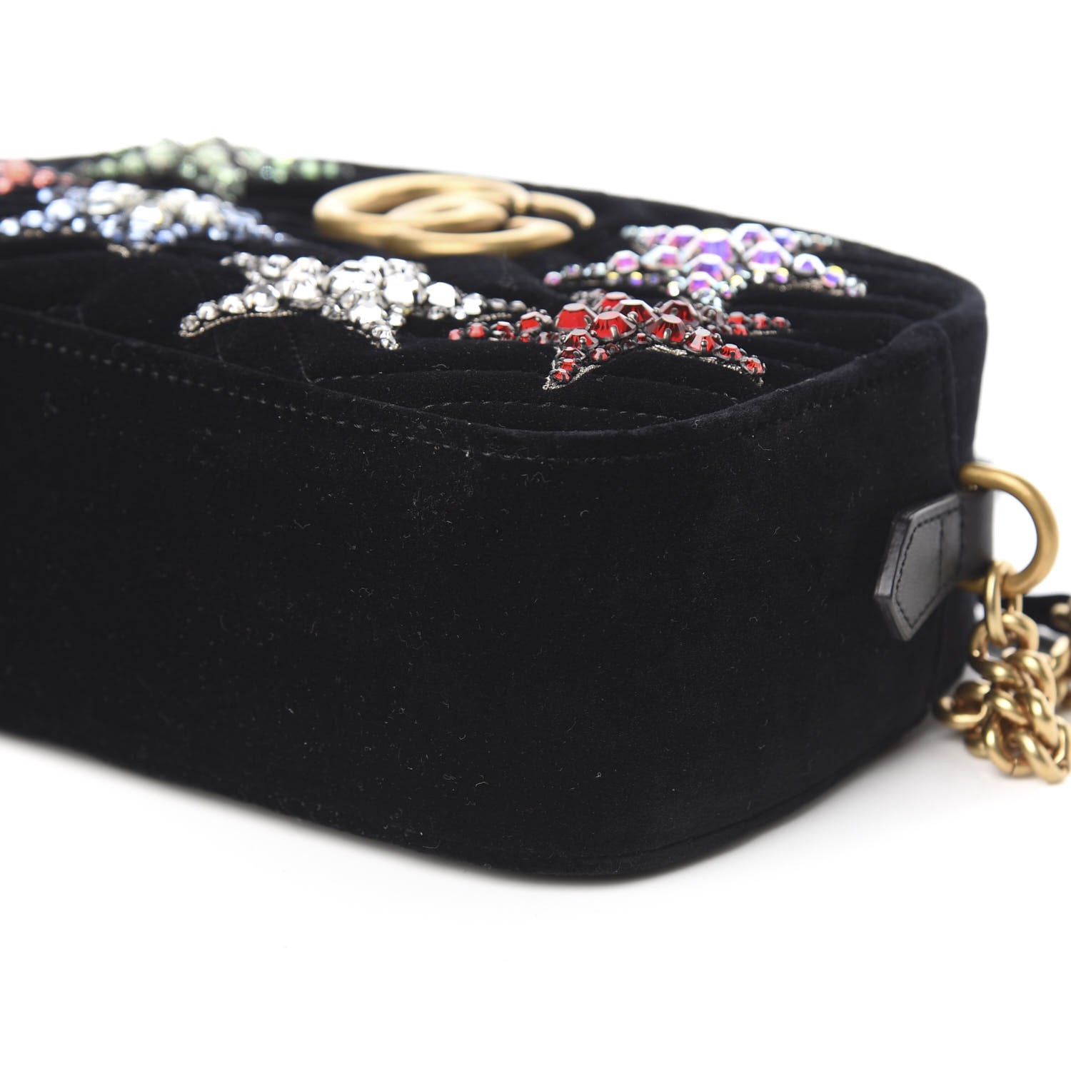 Gucci Velvet Matelasse Crystal Star Embroidered Small GG Marmont Chain Shoulder Bag Black 9 of 10