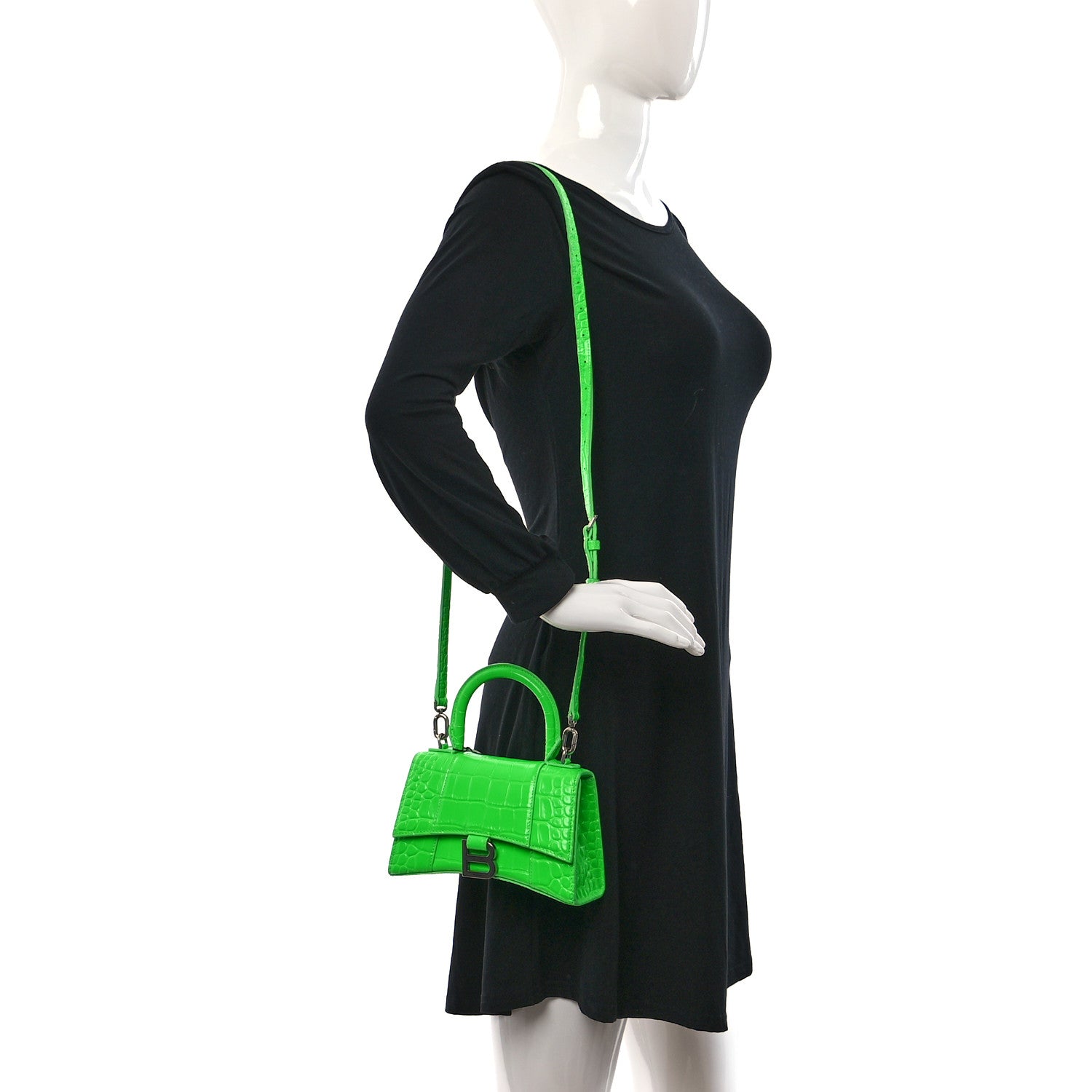 Balenciaga Shiny Calfskin Crocodile Embossed Hourglass Top Handle Bag XS Fluo Green 2 of 9