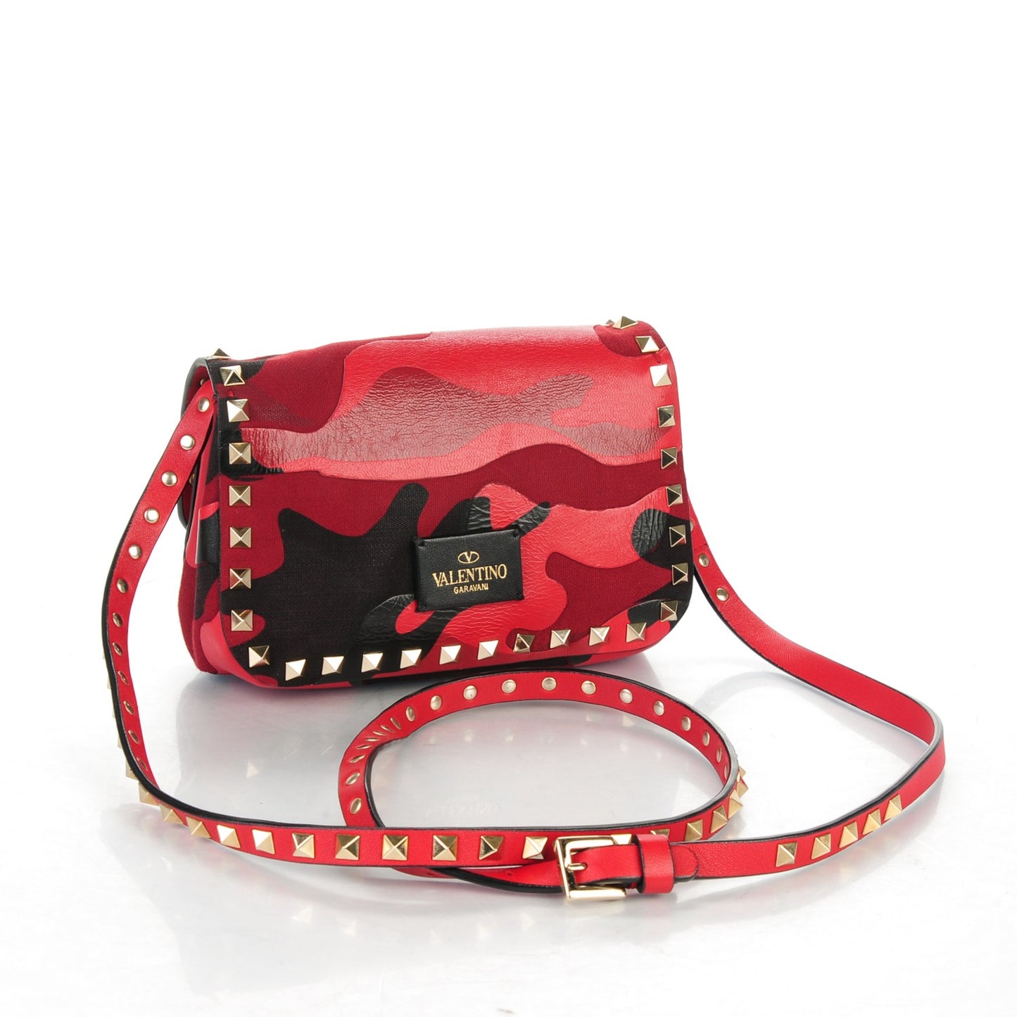 Nappa Canvas Camouflage Mini Rockstud Flap Saddle Crossbody Bag Red