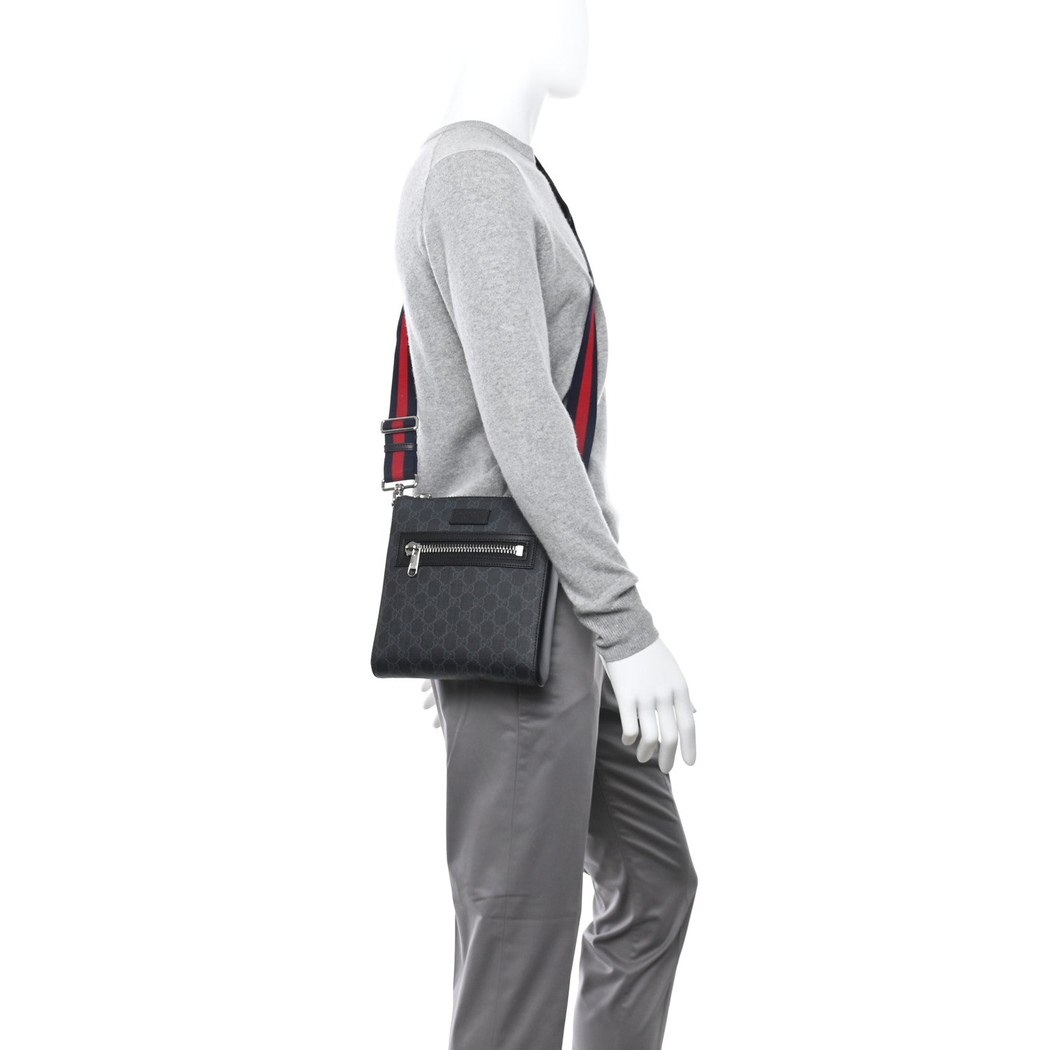 Gucci GG Supreme Monogram Web Small Flat Messenger Bag Black Grey 2 of 12