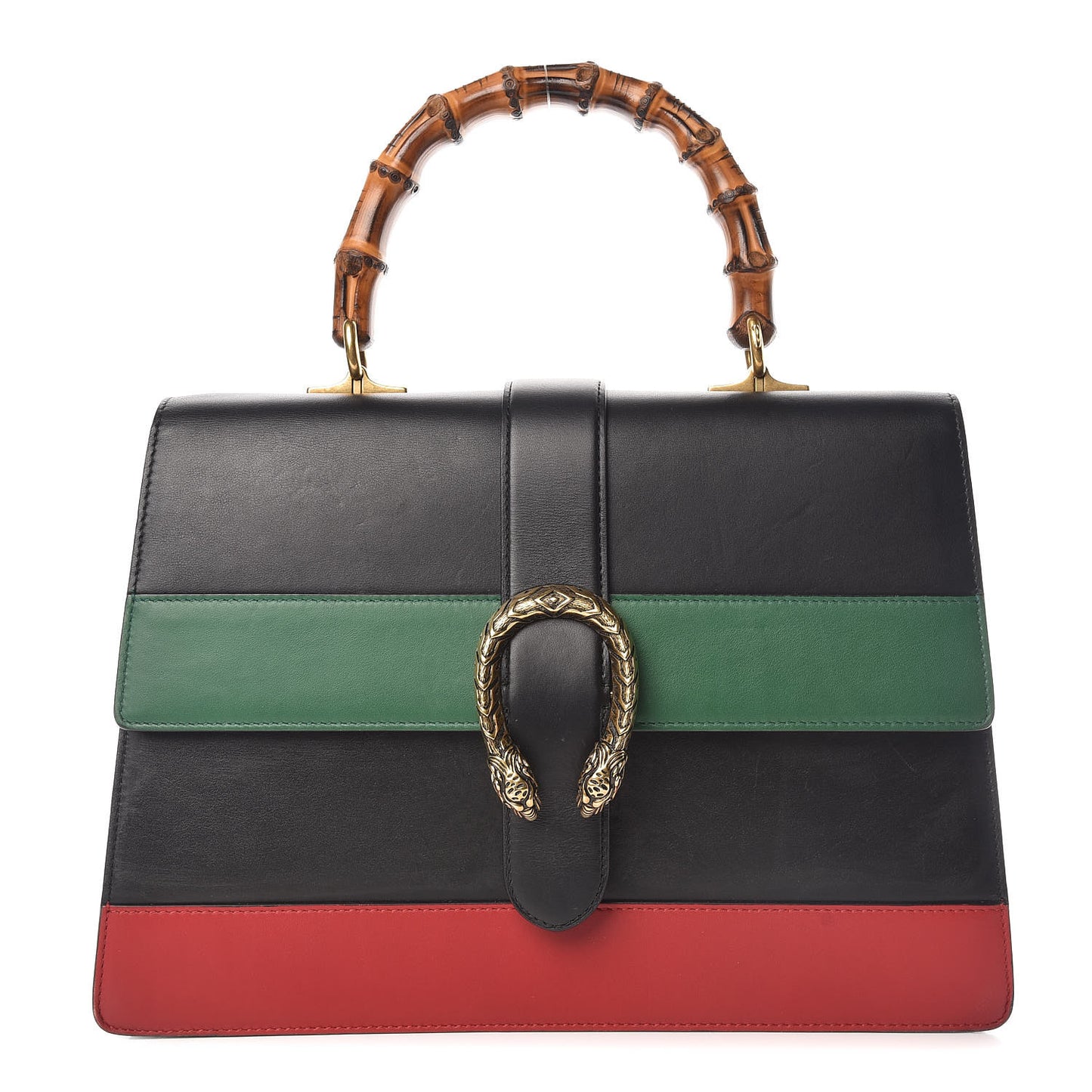 Calfskin Bamboo Web Large Dionysus Top Handle Bag Black Bright Evergreen Hibiscus Red