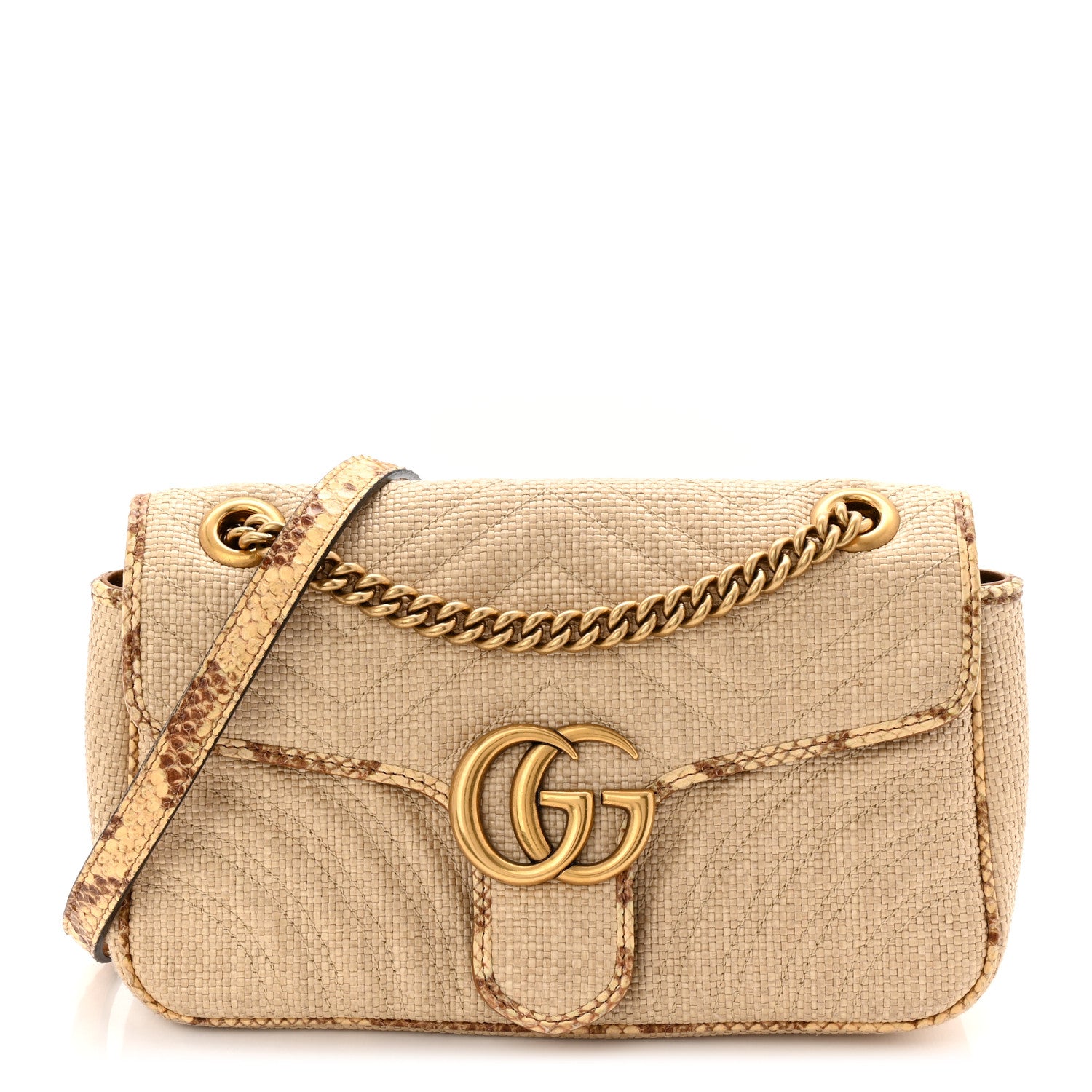 Gucci Raffia Elaphe Matelasse Small GG Marmont Shoulder Bag Natural Cream Brown 1 of 11