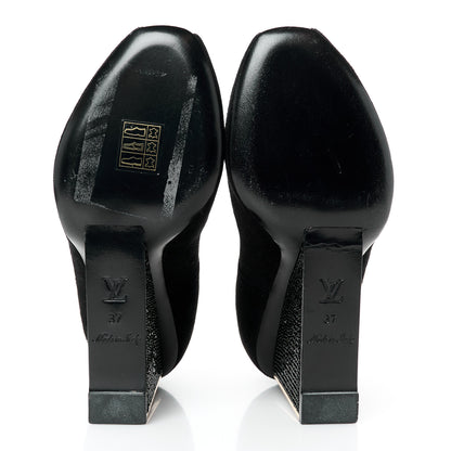 Louis Vuitton Suede Crystal Peep Toe Wedge 37 Black 6 of 8