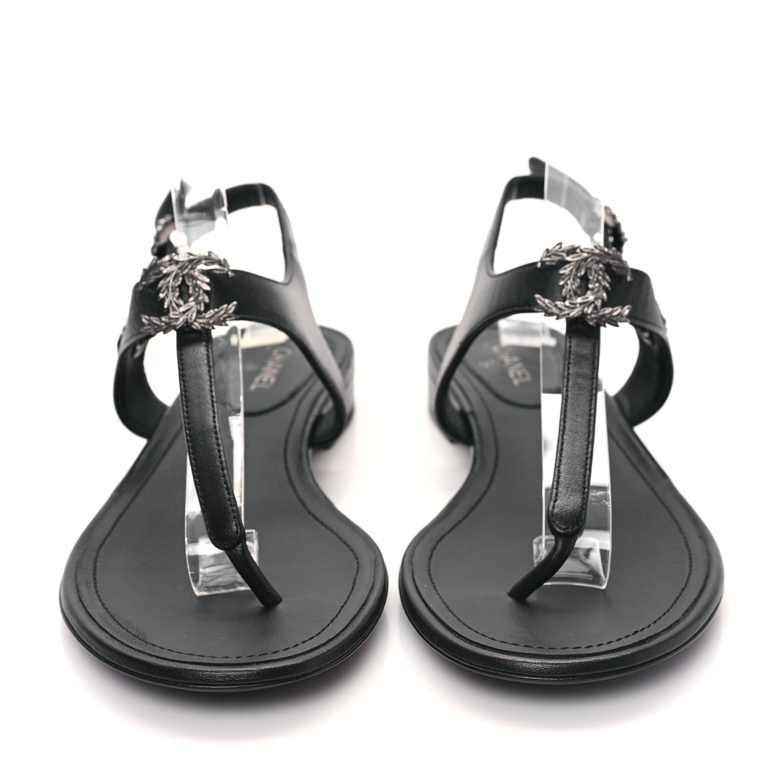 Chanel Lambskin Leaf CC Thong Sandals 38.5 Black 2 of 9