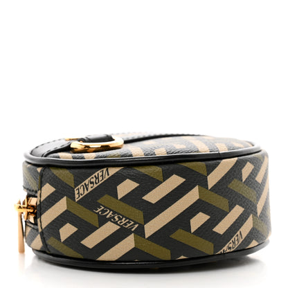 Versace Coated Canvas Calfskin La Greca Round Zip Pouch Black Khaki 4 of 7