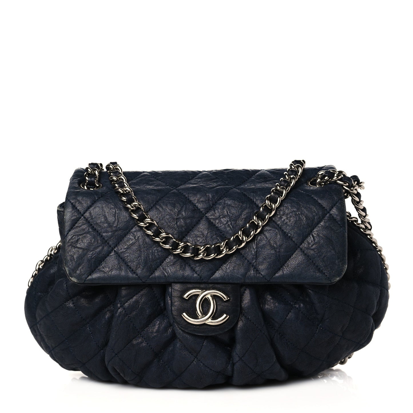 Washed Lambskin Quilted Medium Chain Around Messenger Navy Blue