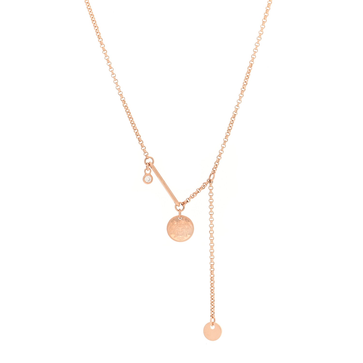 Hermes 18K Rose Gold Diamond PM Ex-Libris Pendant Necklace 1 of 6