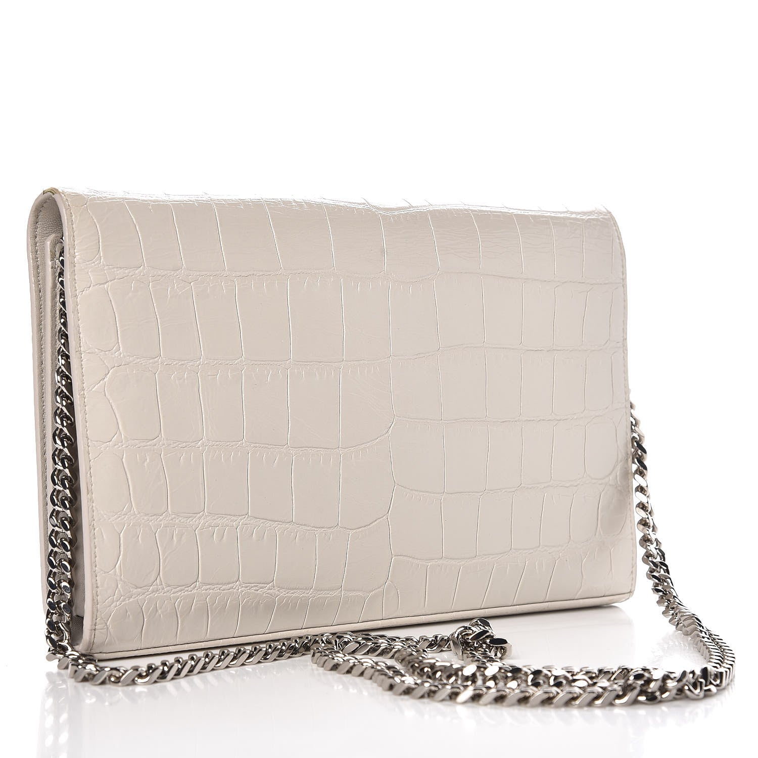 Saint Laurent Calfskin Crocodile Embossed Monogram Kate Wallet on Chain Perle 3 of 9