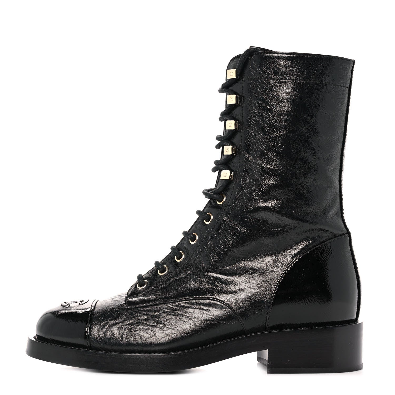 Chanel Crumpled Lambskin Shiny Calfskin Lace Up Combat Boots 38 Black 1 of 9
