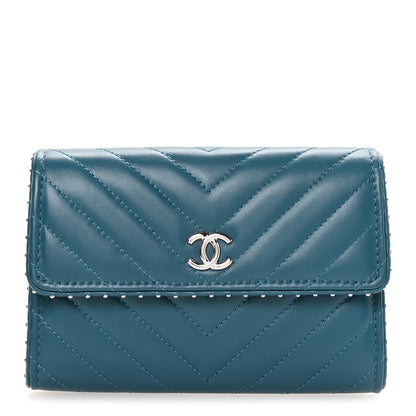 Chanel Lambskin Chevron Quilted Studded Small Flap Wallet Teal 1 of 9