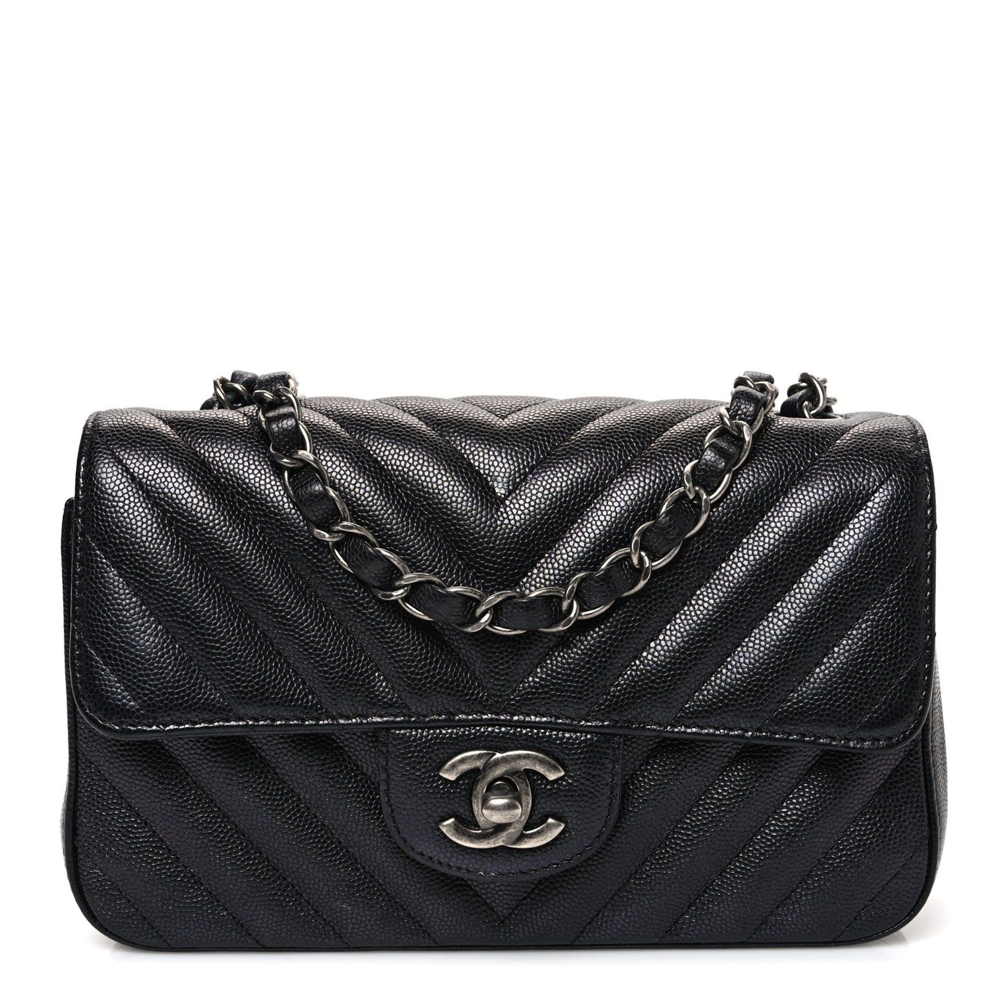 Metallic Caviar Chevron Quilted Mini Rectangular Flap Black
