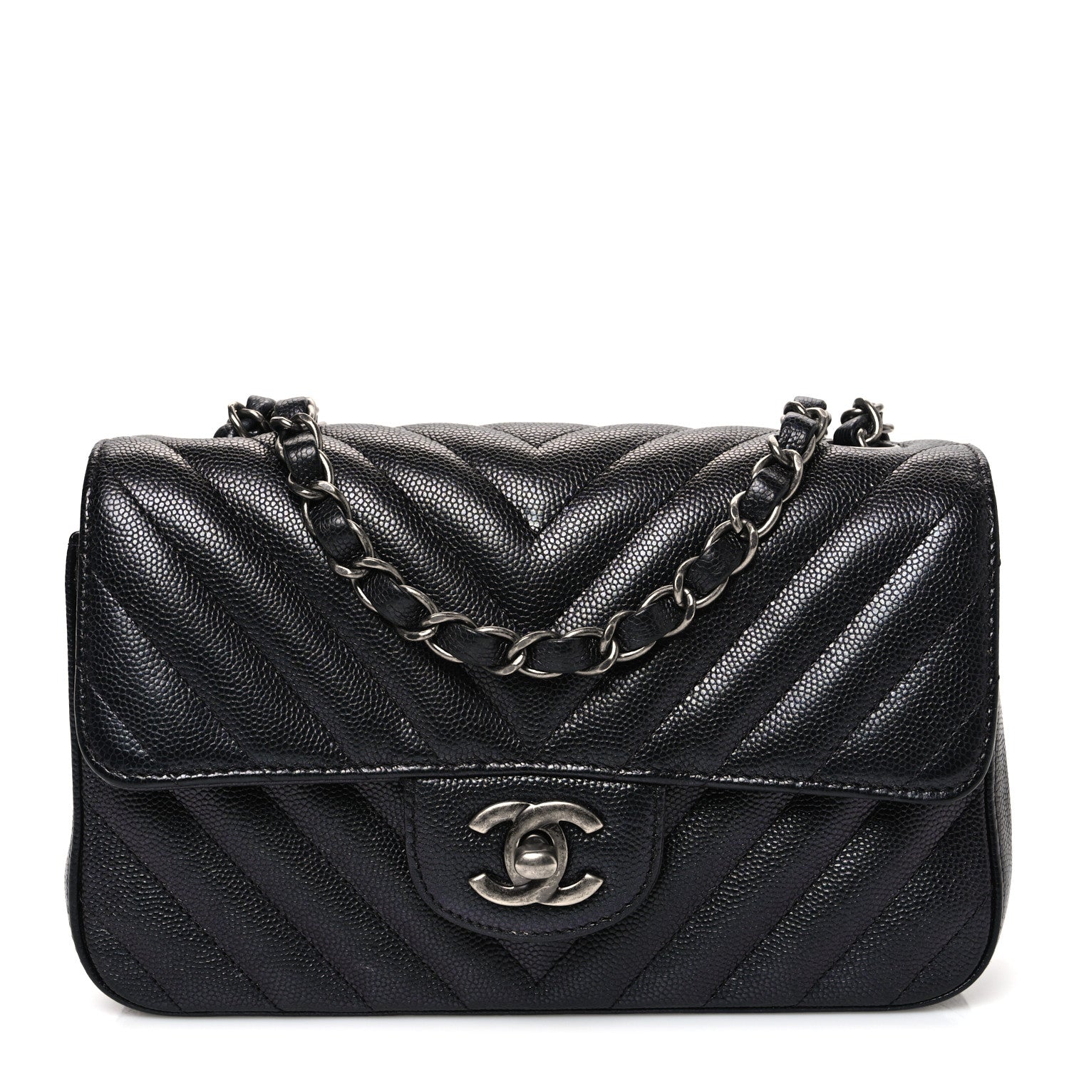 Chanel Metallic Caviar Chevron Quilted Mini Rectangular Flap Black 1 of 10