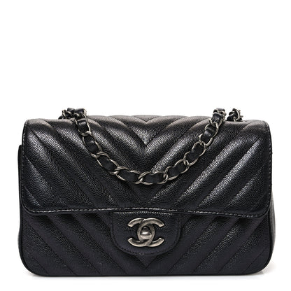 Chanel Metallic Caviar Chevron Quilted Mini Rectangular Flap Black 1 of 10