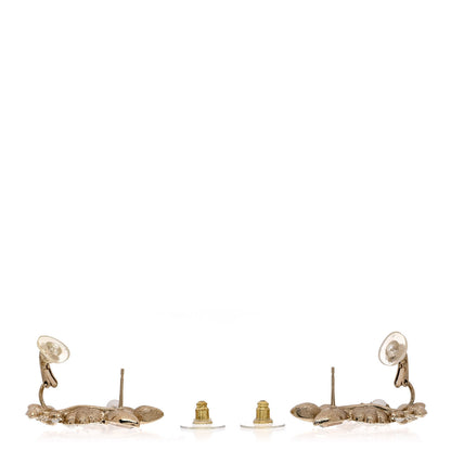 Chanel Pearl Crystal CC Flower Cluster Drop Earrings Gold Light Brown Pearly White 3 of 5