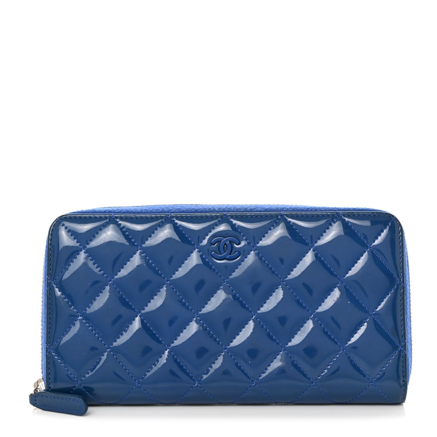 Patent Calfskin Quilted Large Gusset Zip Around Wallet Blue