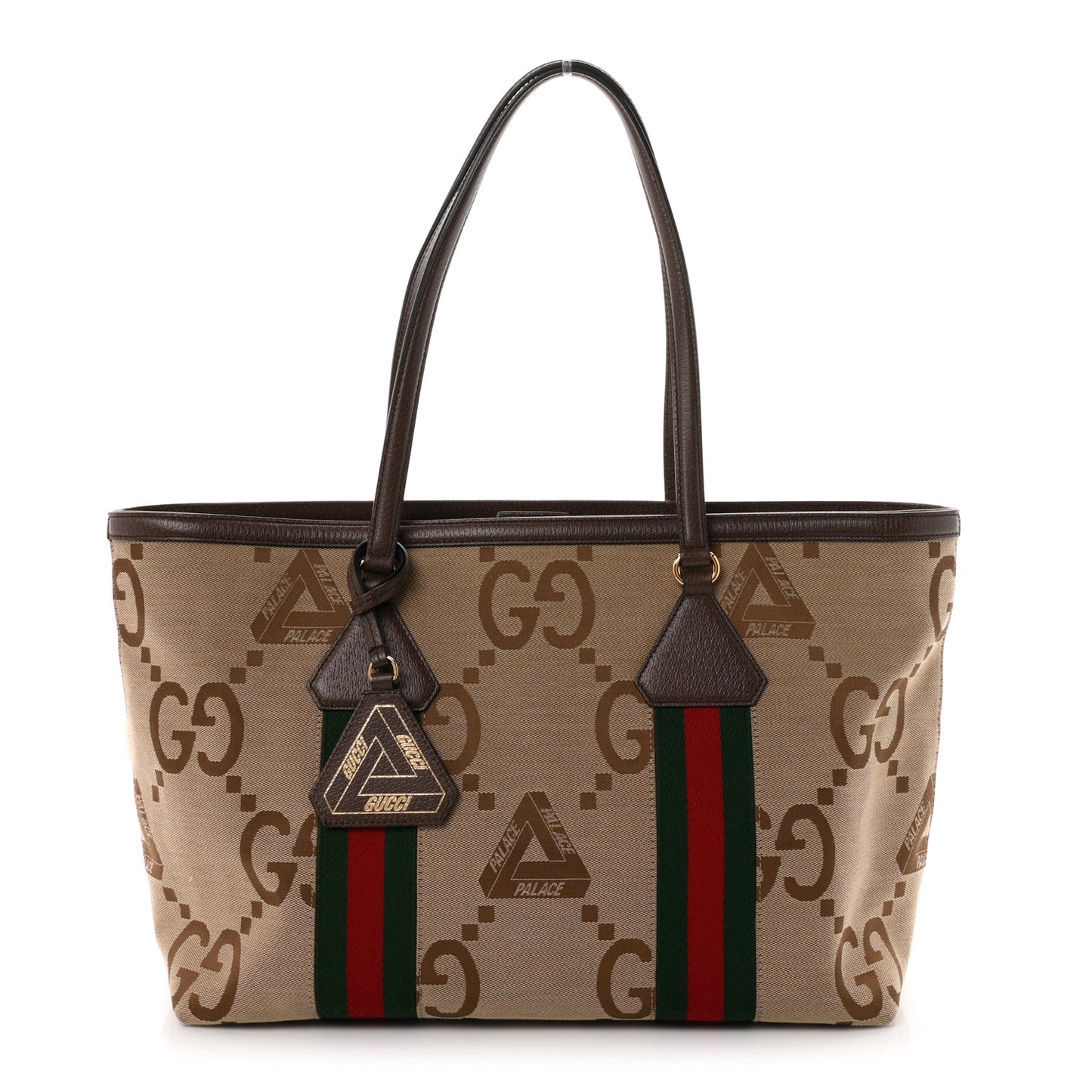 X PALACE Monogram Jumbo GG Textured Dollar Calfskin Web Medium Ophidia Shopping Tote Camel Ebony