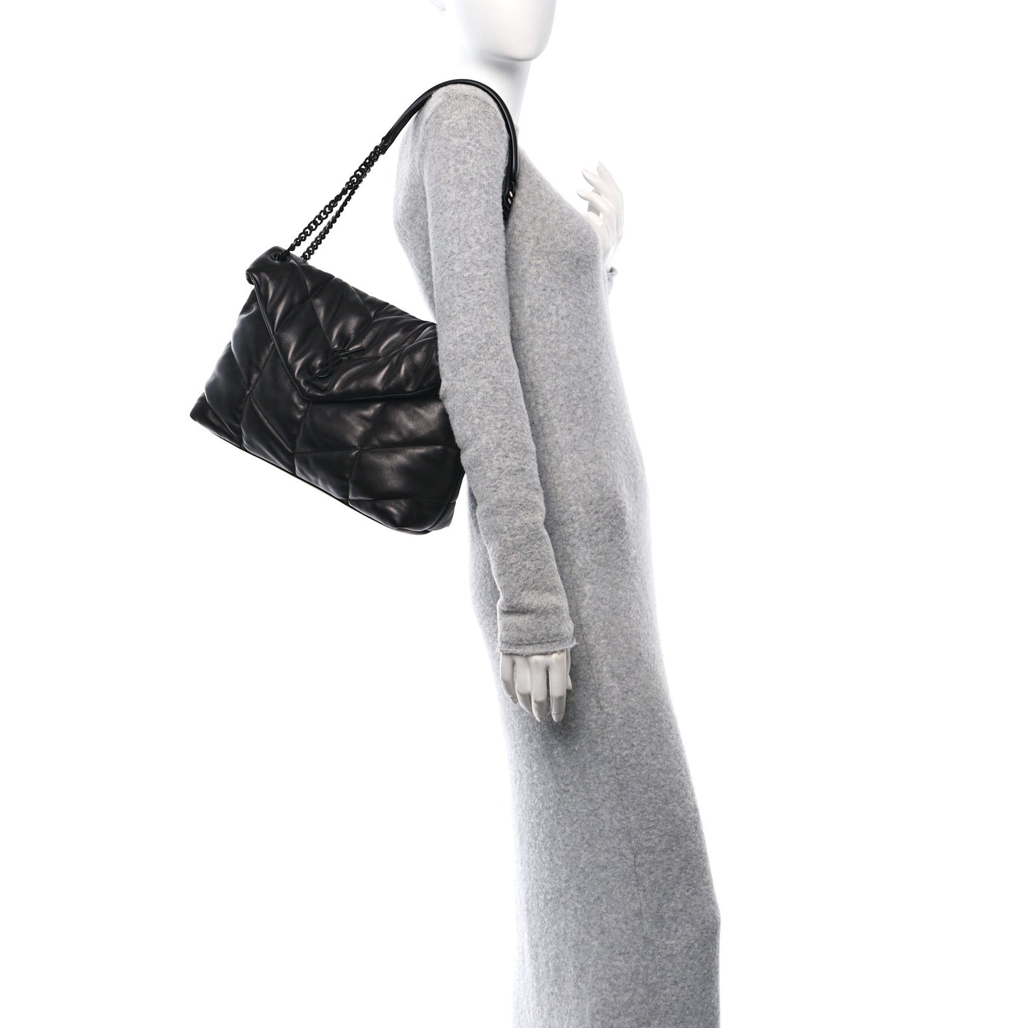 Lambskin Quilted Monogram Monochrome Medium Loulou Puffer Chain Satchel Black