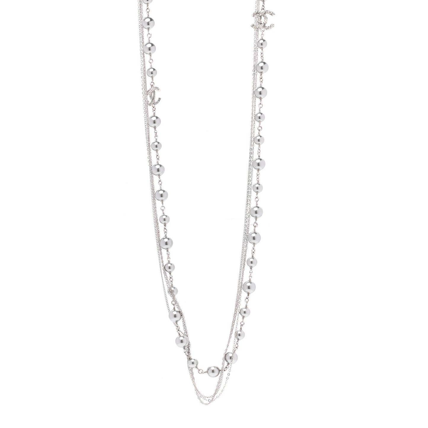 Pearl Bead Multi Strand CC Long Necklace Silver Grey