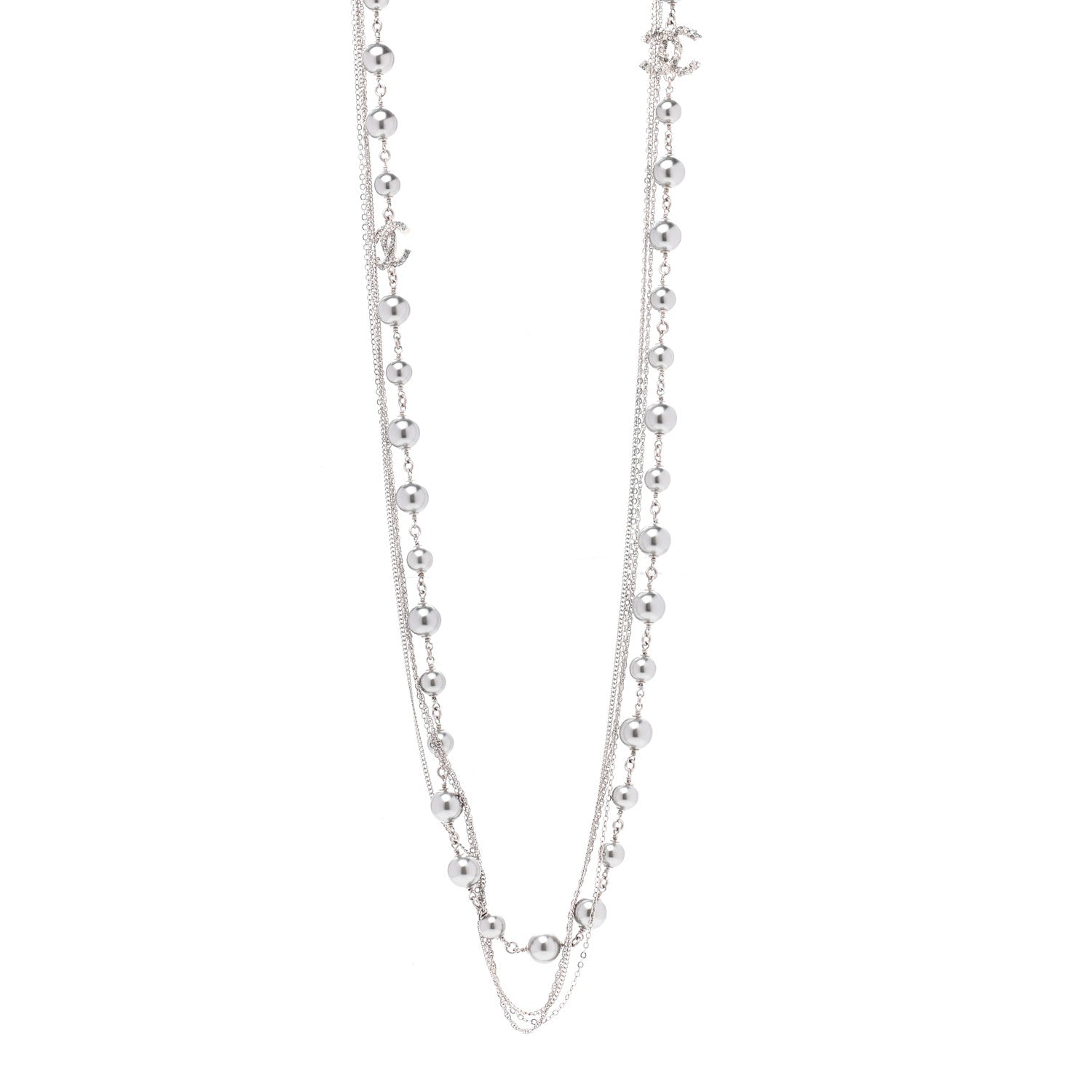 Chanel Pearl Bead Multi Strand CC Long Necklace Silver Grey 1 of 7