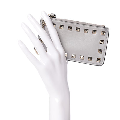 Valentino Garavani Vitello Rockstud Key Coin Case Card Holder Grey 2 of 8