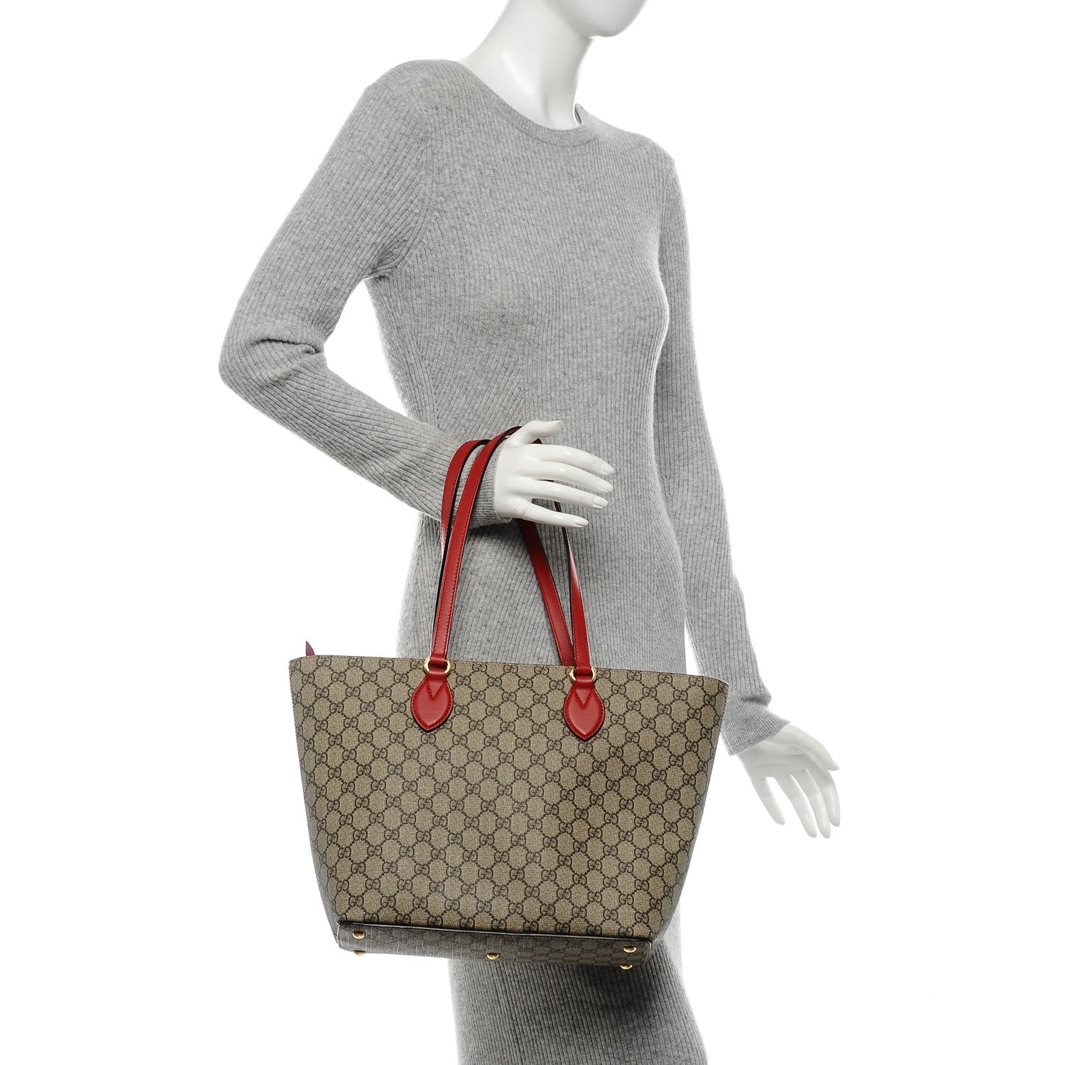 Gucci GG Supreme Monogram Medium Zippered Bucket Tote Beige Hibiscus Red New Rosette 2 of 6