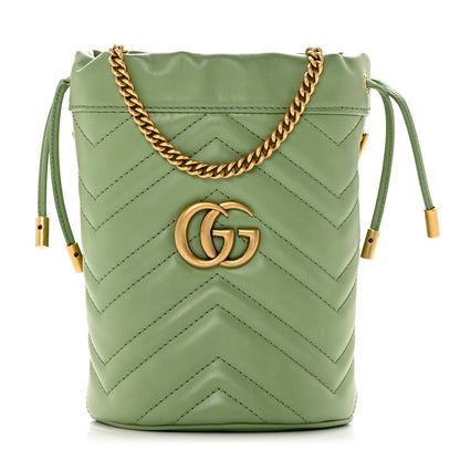 Gucci Calfskin Matelasse Chevron Mini GG Marmont 2.0 Bucket Bag Salamander Green 1 of 9