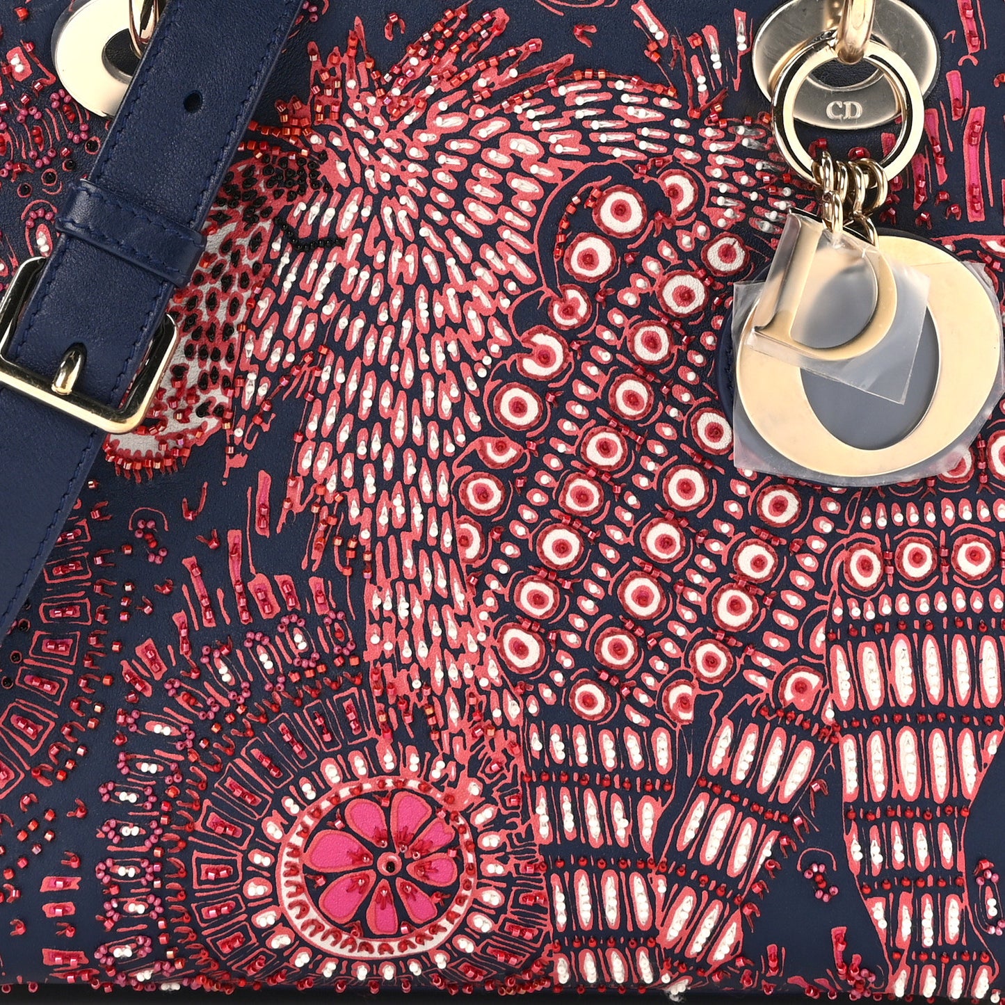 Smooth Calfskin Beaded Animals Medium Lady Dior Deep Blue Fuchsia
